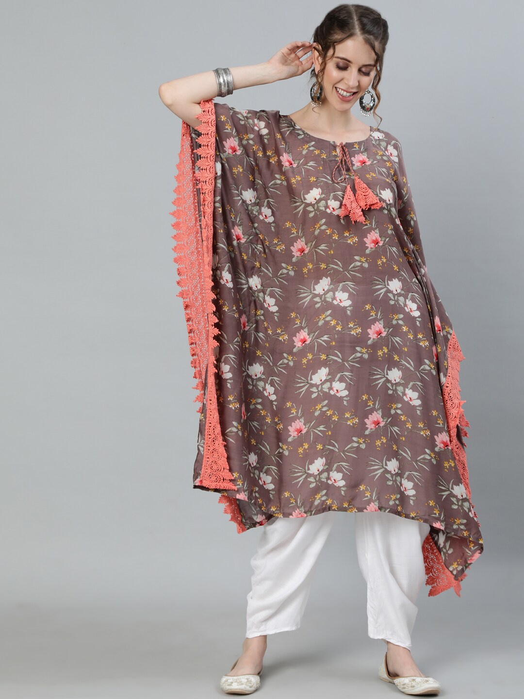 

Ishin Women Brown Floral Printed Flared Sleeves Kaftan Kurta