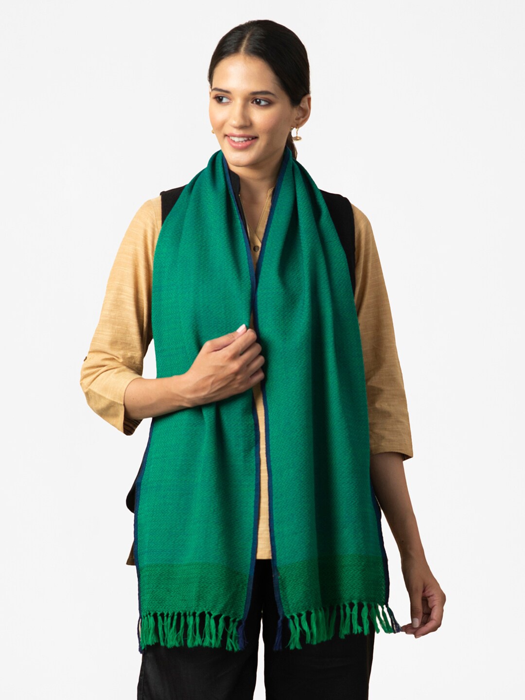 Fabindia Women Green Solid Wool Woven Muffler