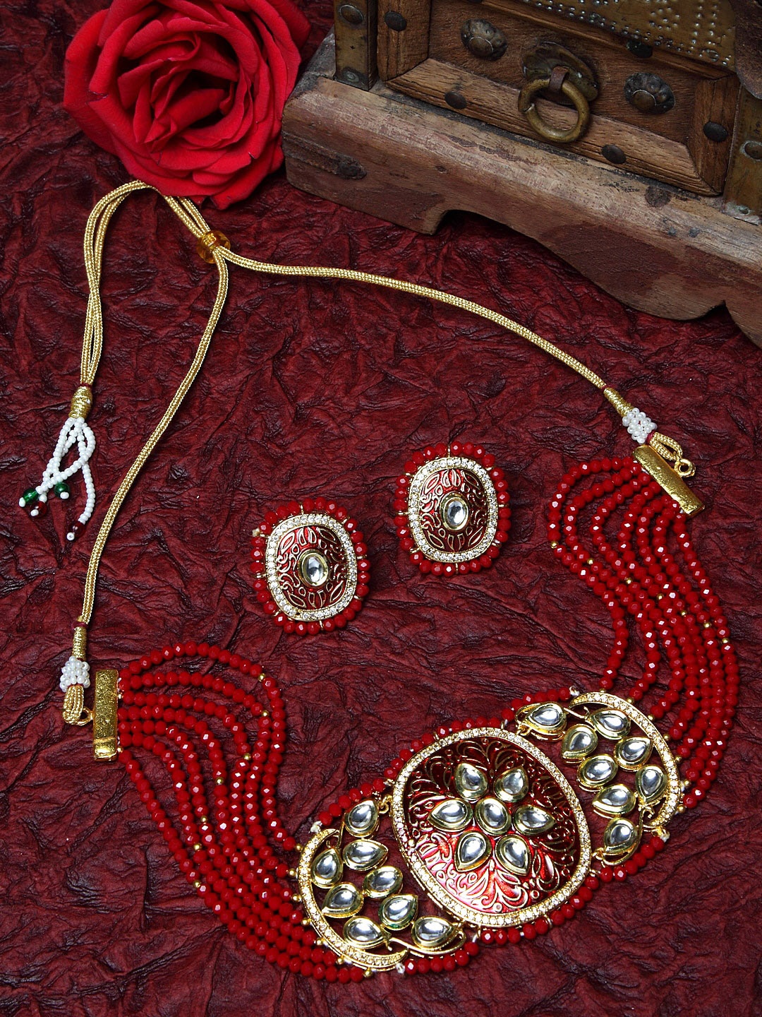 

Moedbuille Gold-Plated Red & White Kundan Onyx Studded Pearl Beaded Handcrafted Jewellery Set
