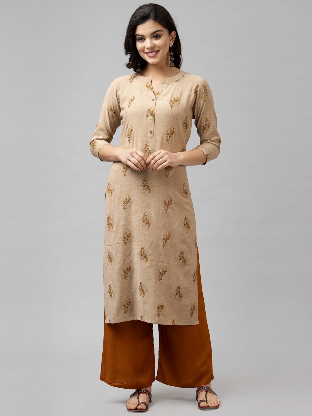 

SANISA Women Beige Ethnic Motifs Printed Kurta with Palazzos