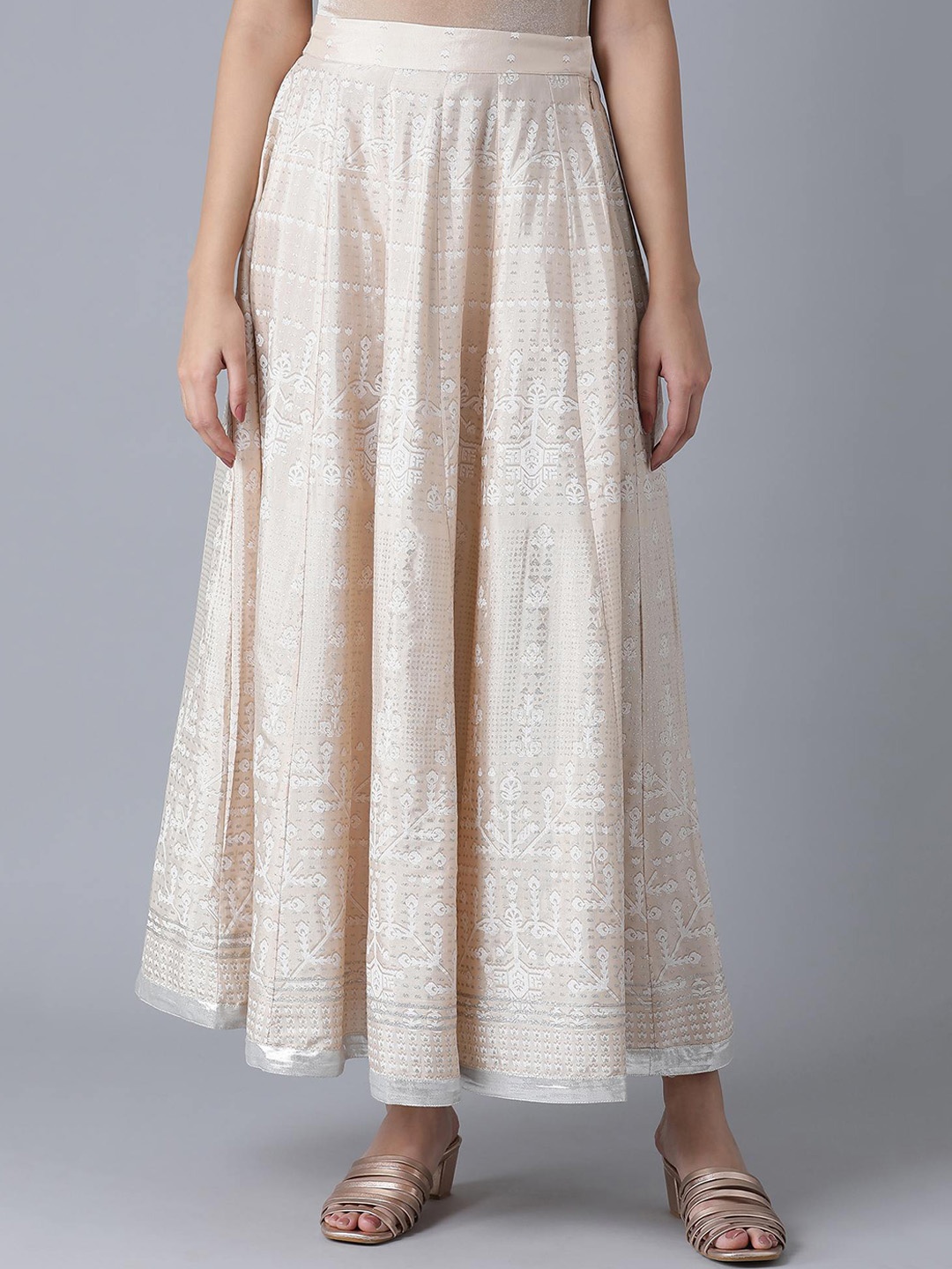 

W Women Cream-Coloured Floral Printed Flared Maxi Skirt