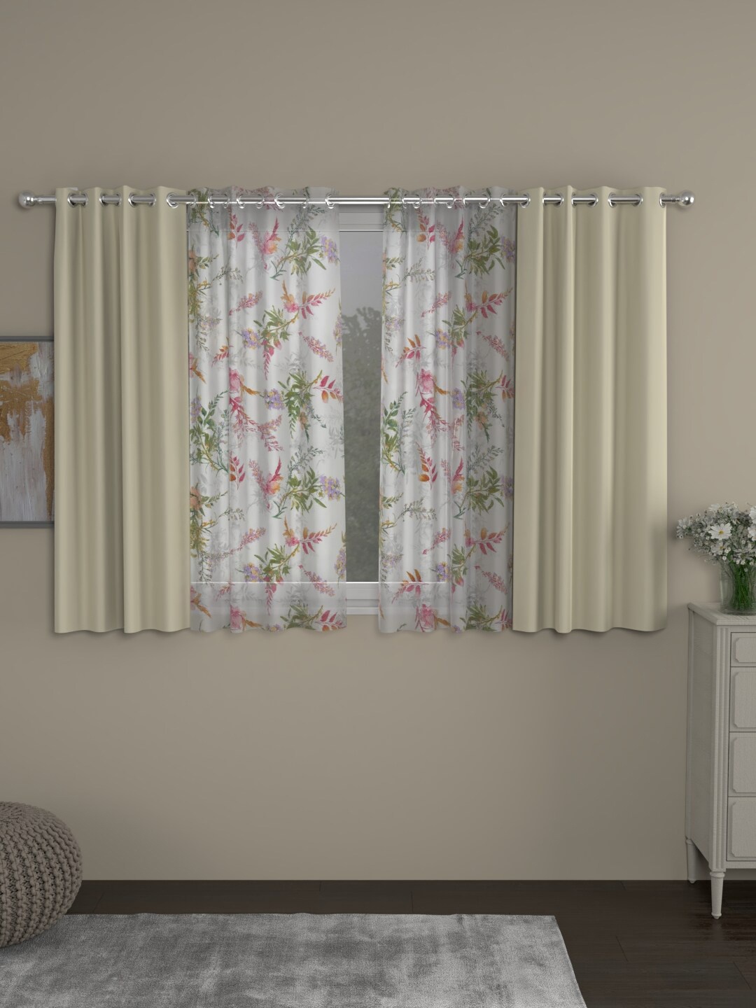 

ROSARA HOME Cream & Pink Set of 4 Black Out & Sheer Window Curtains