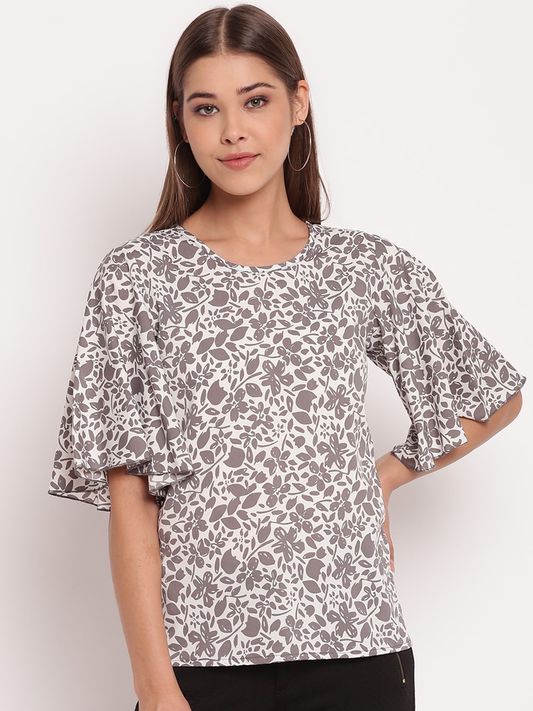 

AKIMIA Women Grey & Beige Floral Printed Regular Top