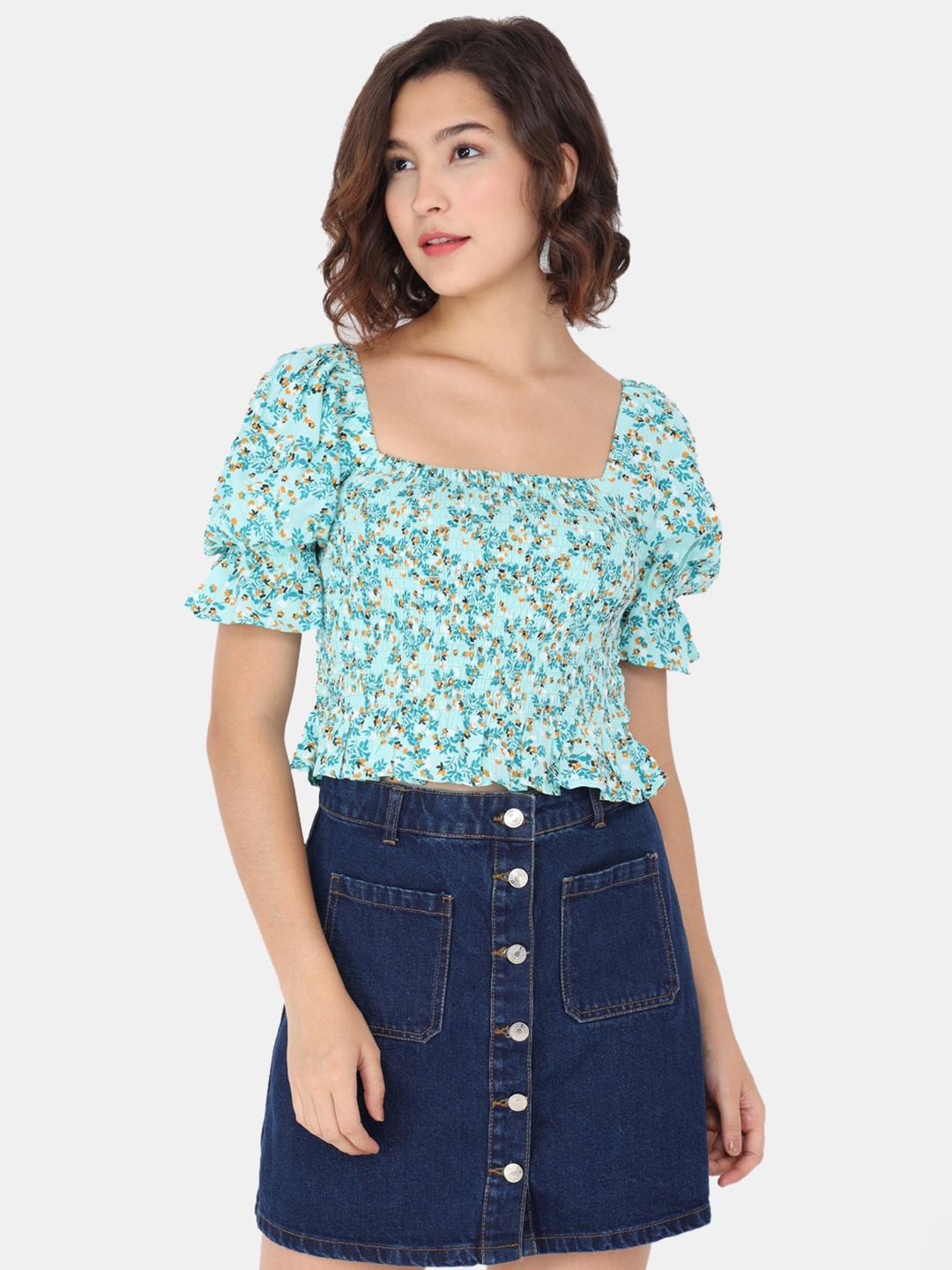 

Trend Arrest Sea Green Floral Puff Sleeve Regular Top