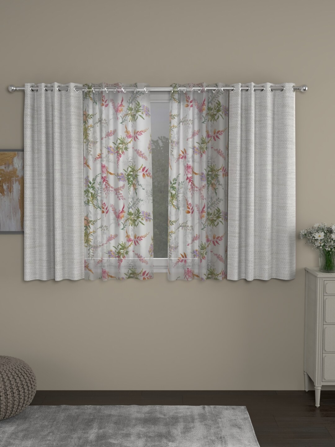 

ROSARA HOME Cream & Multicoloured Set of 4 Floral Room Darkening Window Curtain