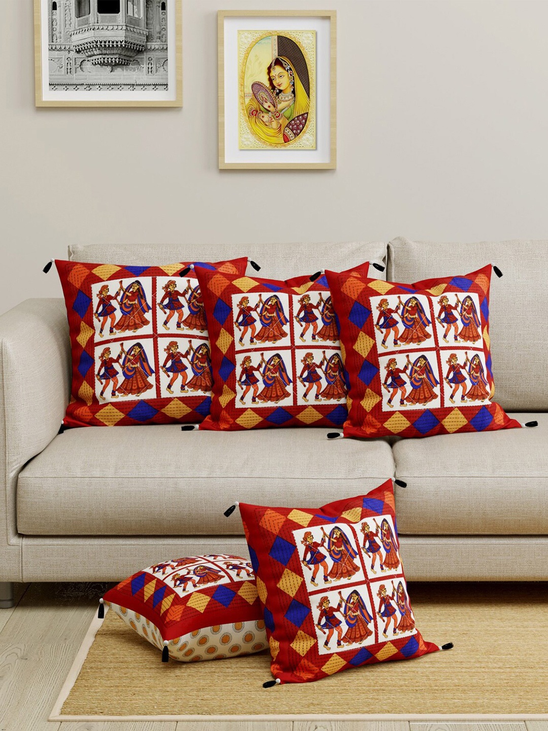 

LIVING ROOTS Red & Cream-Coloured Set of 5 Ethnic Motifs Square Cushion Covers