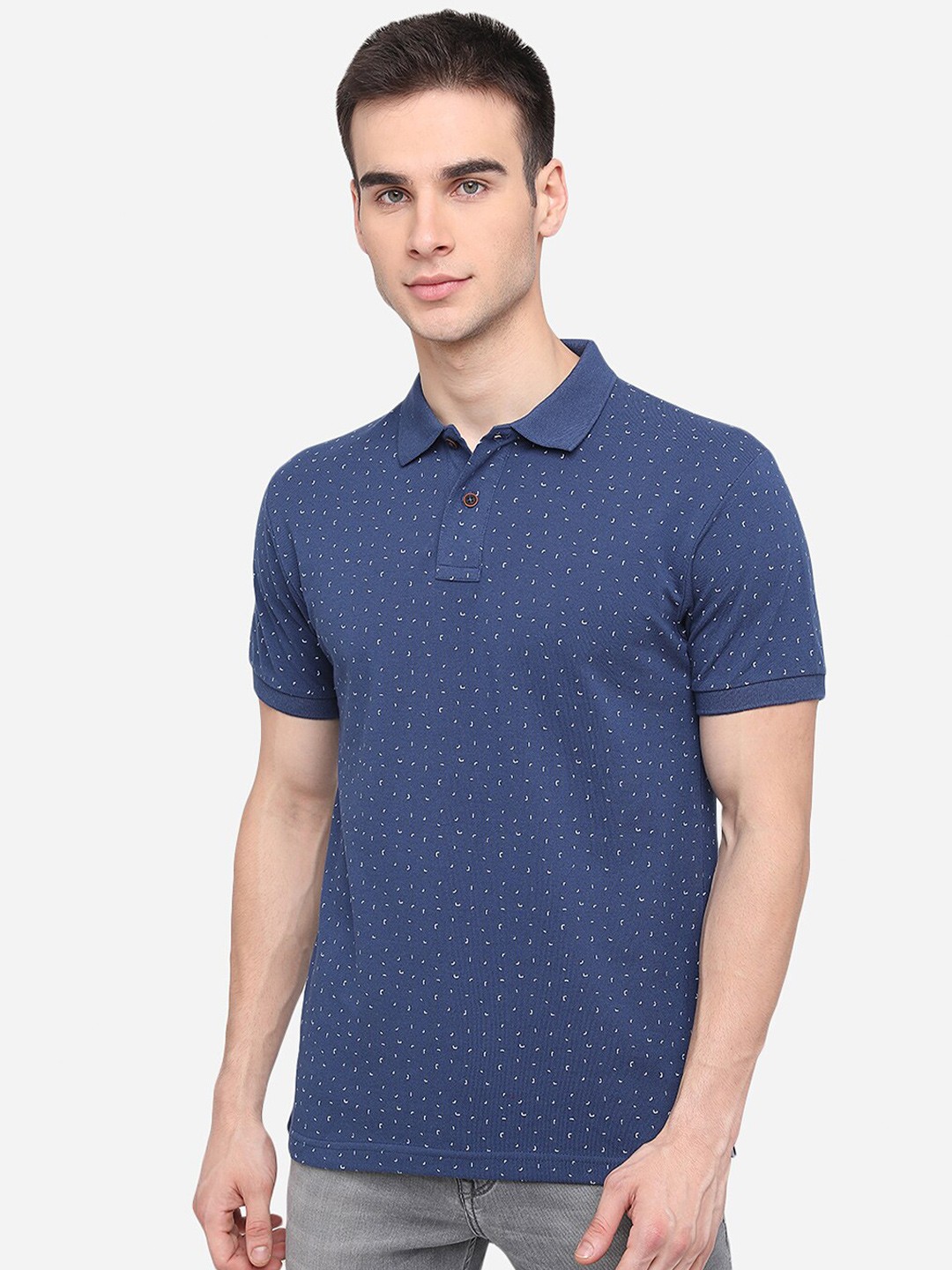 

Greenfibre Men Navy Blue Printed Polo Collar Slim Fit Pure Cotton T-shirt