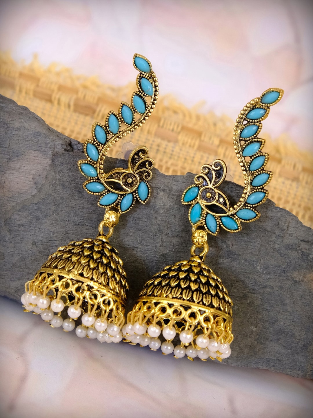 

Crunchy Fashion Blue & Gold-Toned Peacock Shaped Jhumkas Earrings