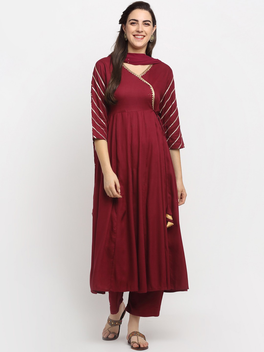 

Rudra Bazaar Women Maroon & Gold Pleated Kurta with Trousers & Dupatta