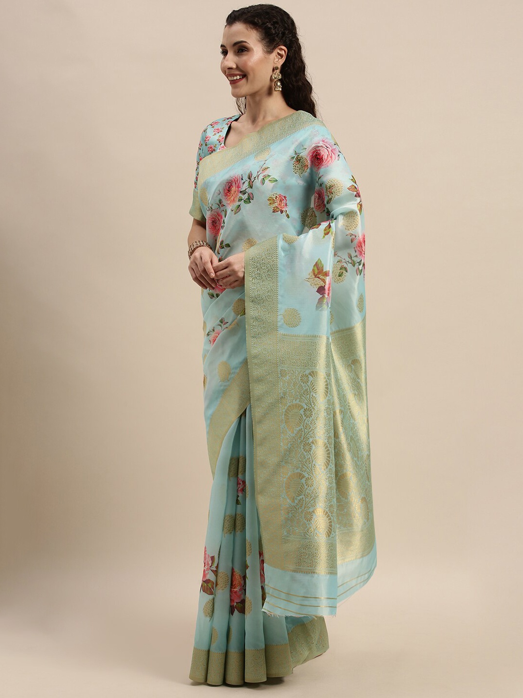 

Kvsfab Blue Floral Silk Cotton Saree