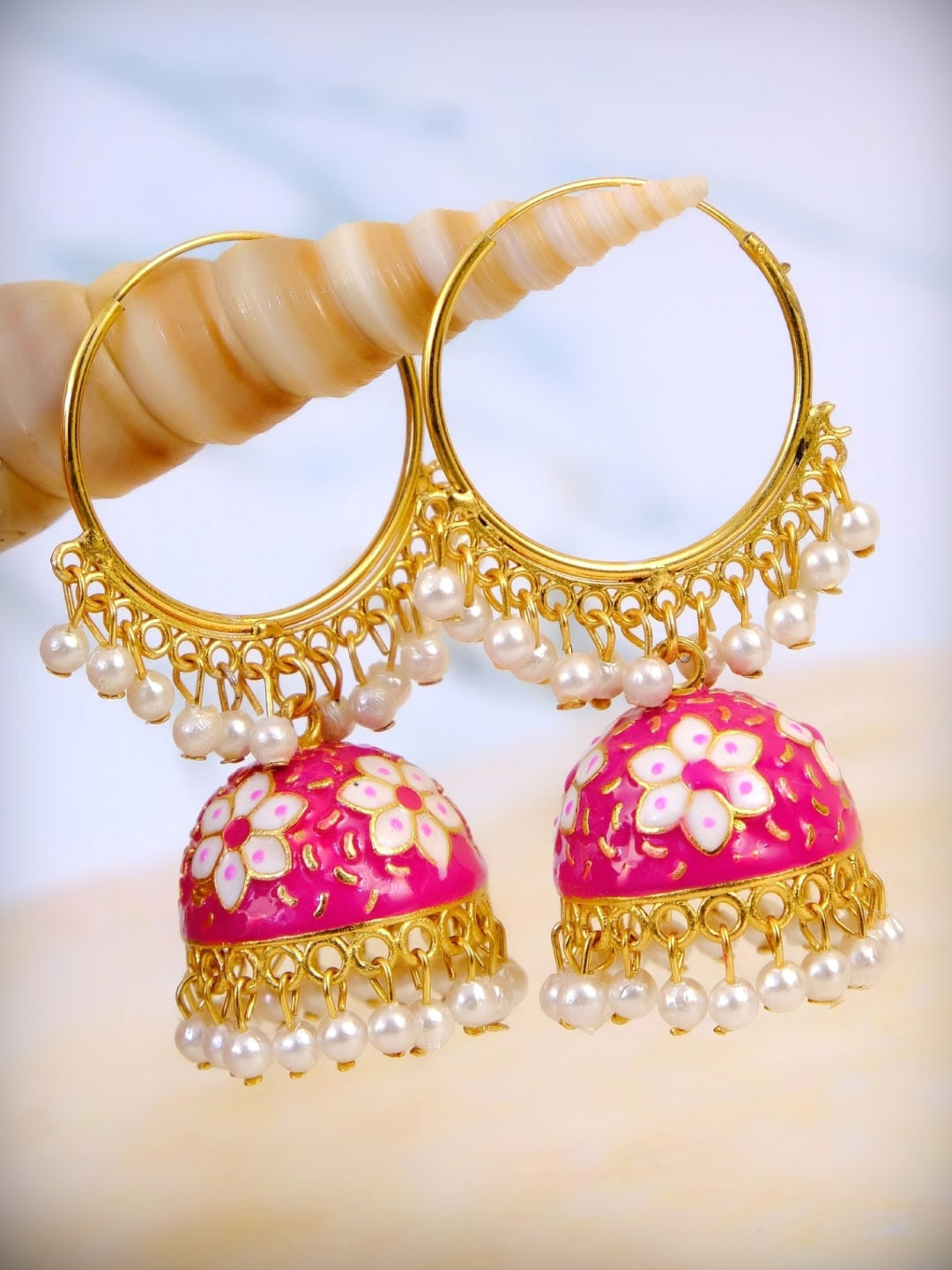 

Crunchy Fashion Pink & Gold-Toned Contemporary Jhumkas Earrings