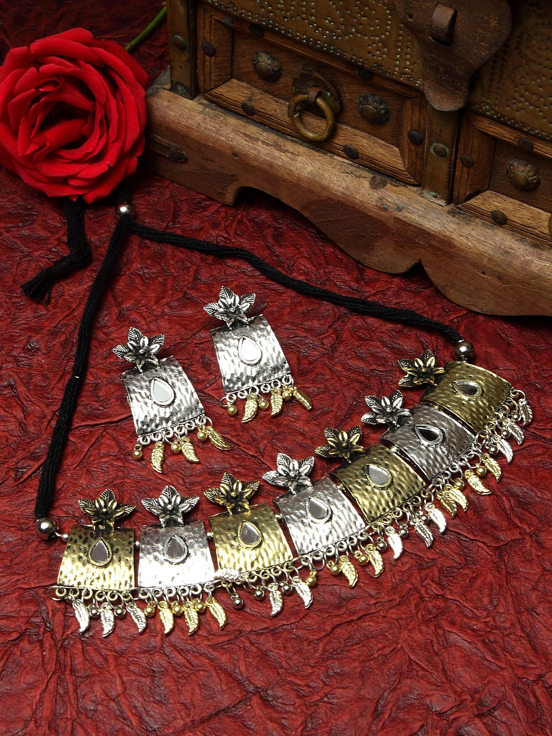 

Moedbuille Oxidised Gold-Plated Silver-Toned Mirror Studded Floral Tasselled Design Handcrafted Jewellery Set