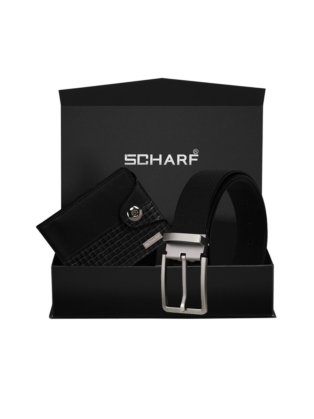 

SCHARF Men Black Textured Leather Formal Belt & Wallet Gift Set