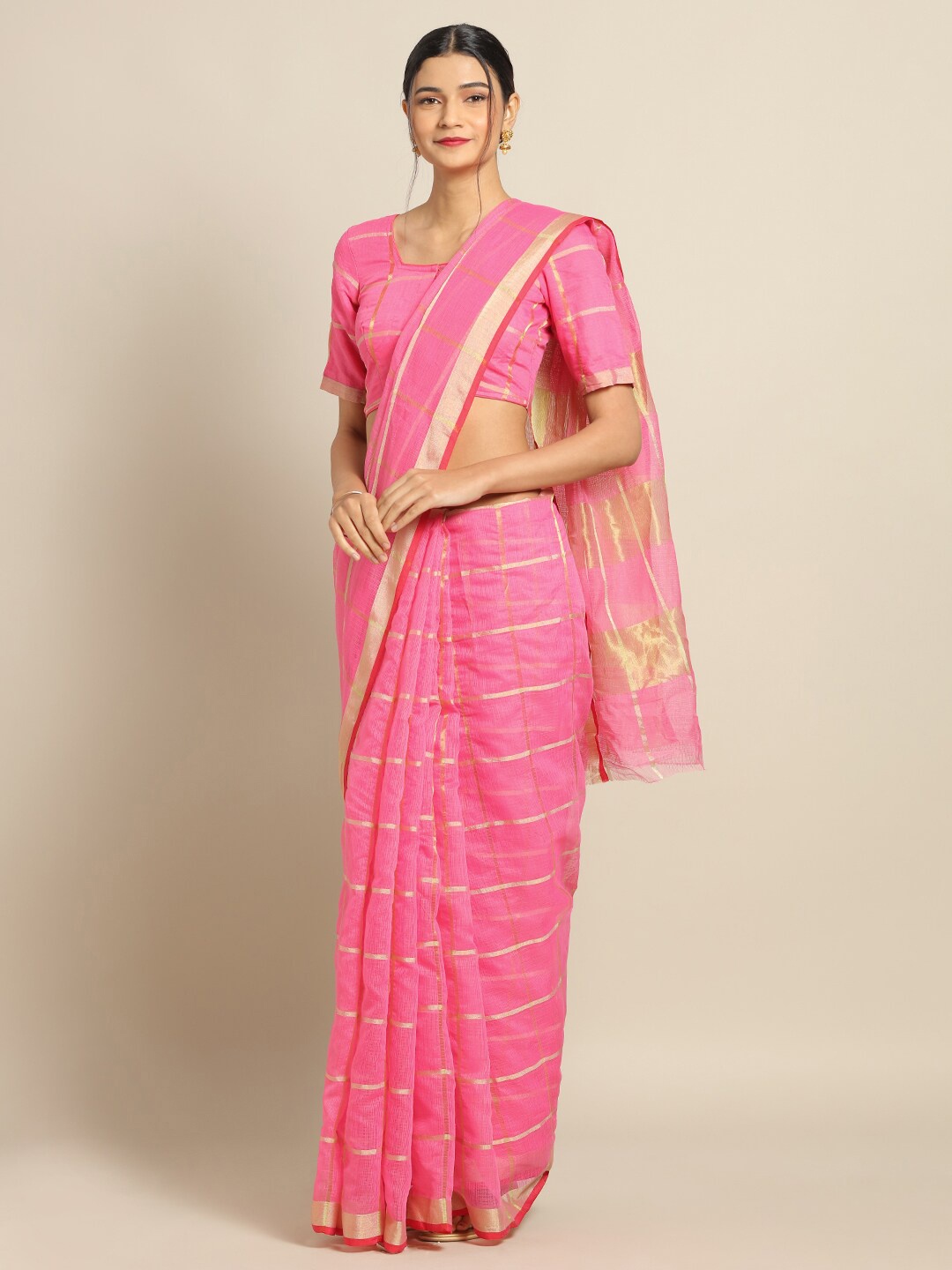 Kvsfab Pink Striped Saree