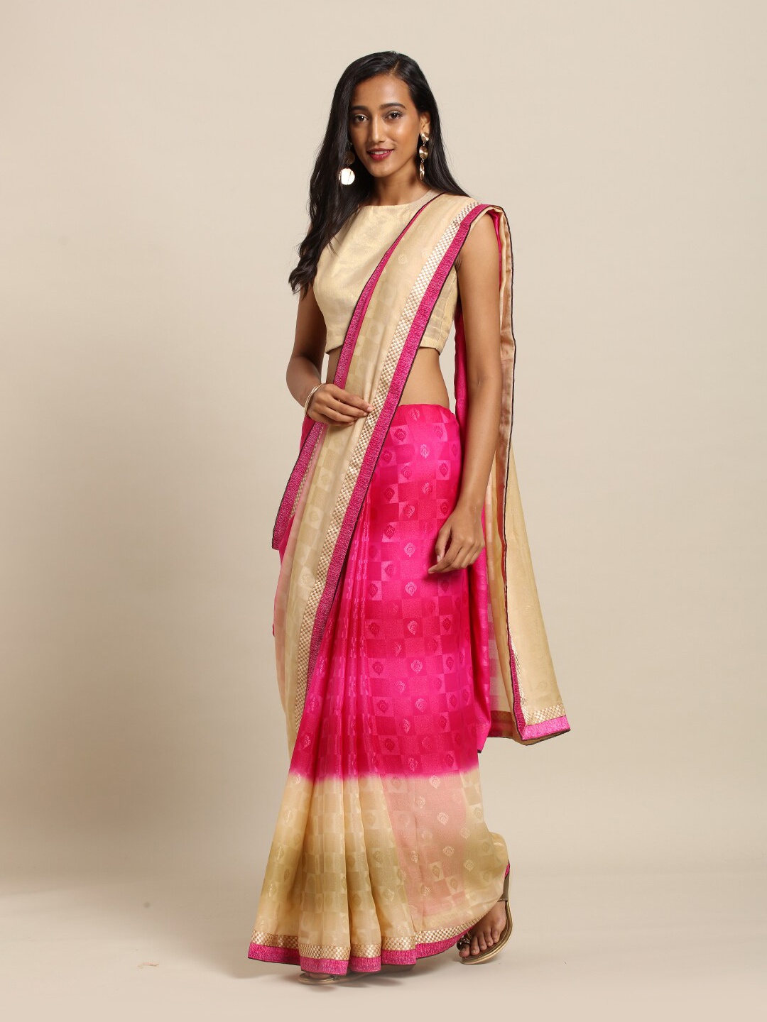 

Kvsfab Pink & Cream-Coloured Ethnic Motifs Poly Georgette Kota Saree