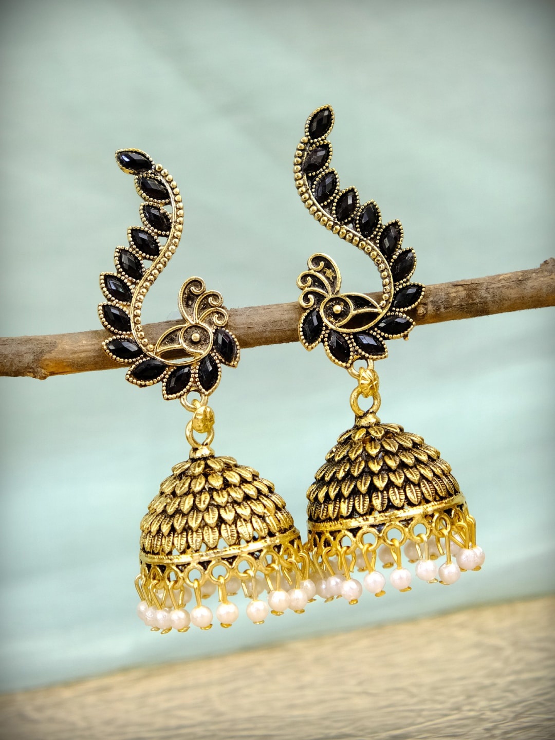 

Crunchy Fashion Black Gold-Plated Dome Shaped Jhumkas Earrings