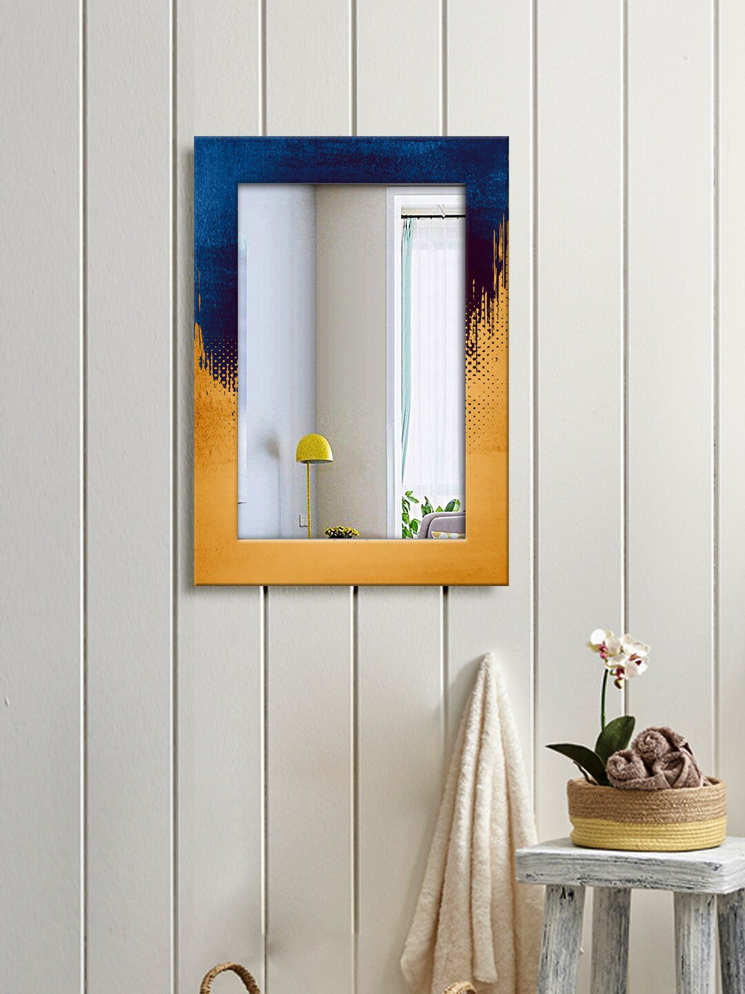 

999Store Yellow & Navy Blue Printed MDF Wall Mirror