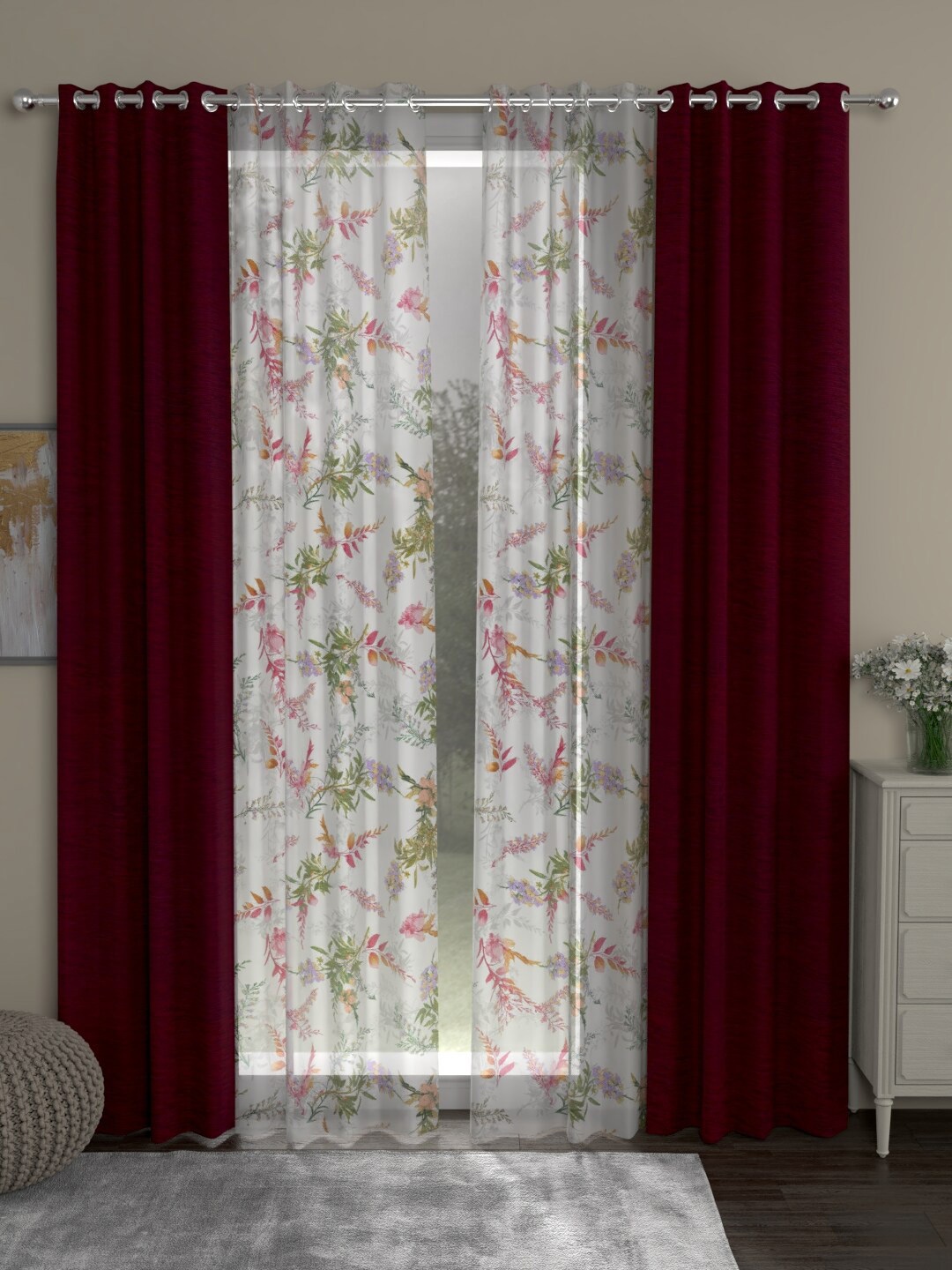 ROSARA HOME Maroon & White Set of 4 Floral Room Darkening Long Door Curtain