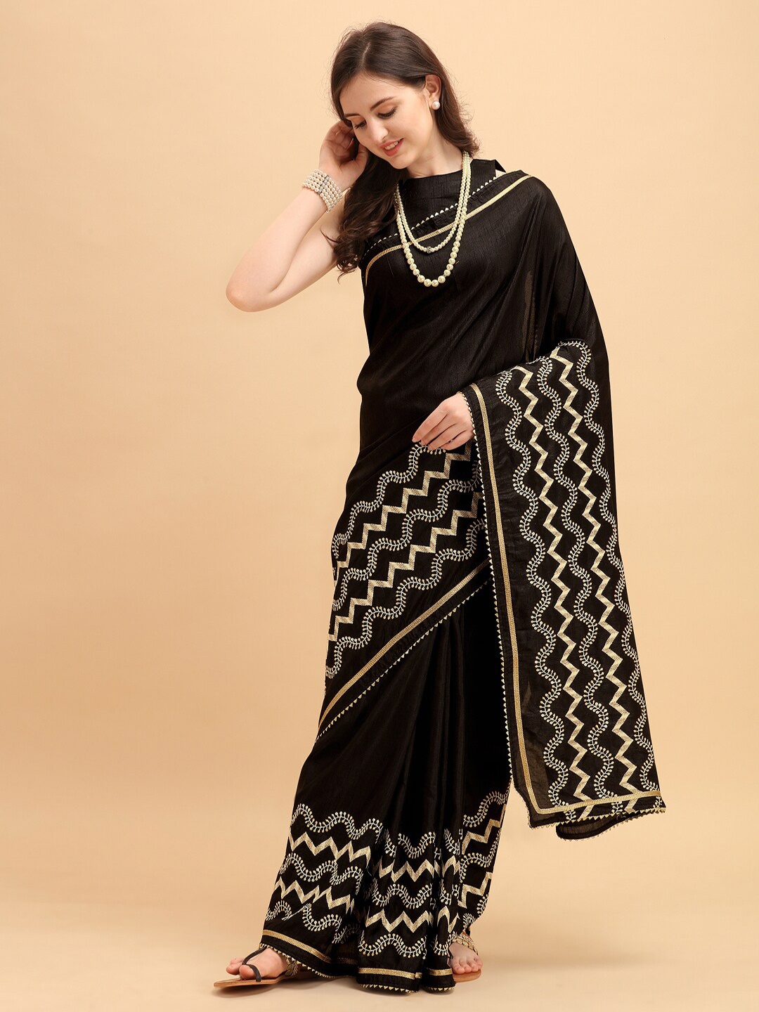 

Sangria Women Zari and Sequinned Embroidered Saree with Blouse Piece, Black