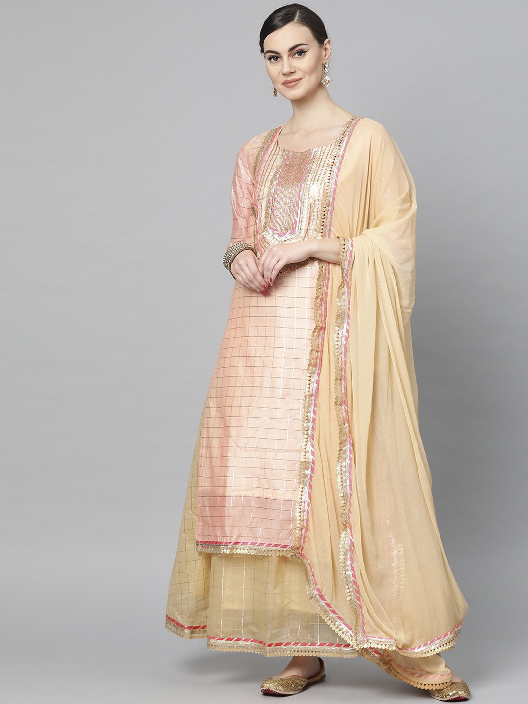 

Ishin Women Peach Gotta Patti Chanderi Silk Kurta with Skirt & Dupatta