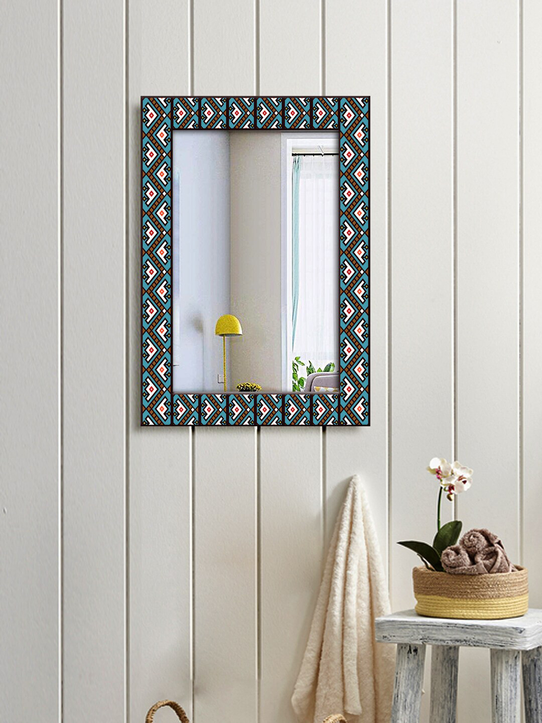 

999Store Blue & Brown Geometric Printed Wall Mirror