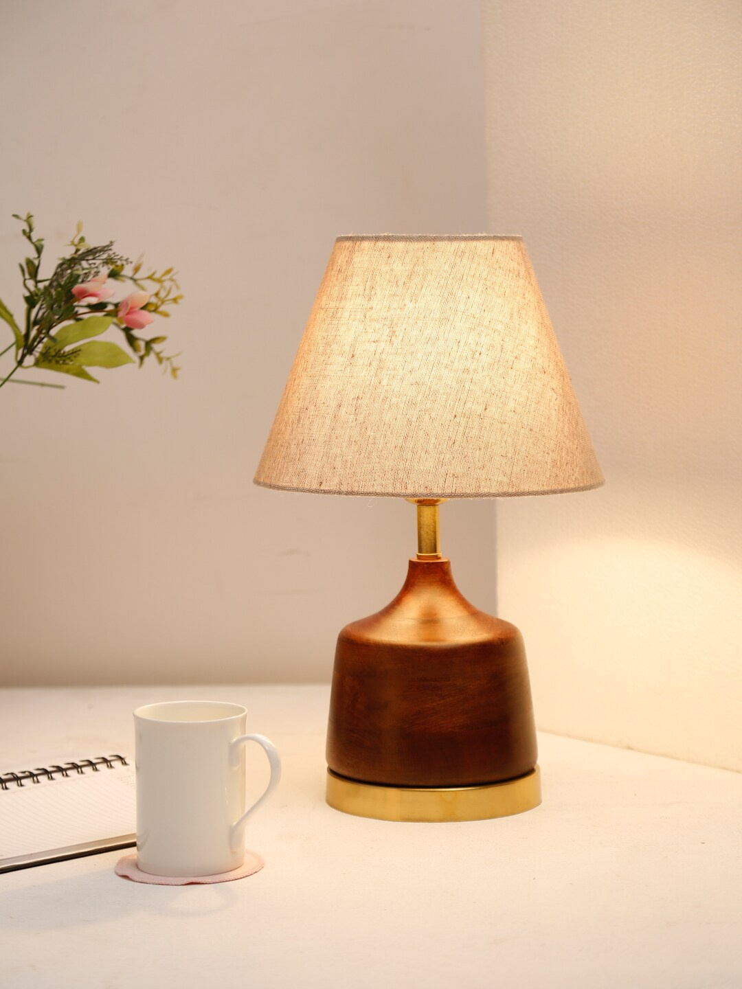 Fabindia Heyan Wood Bedside Table Lamp Without Shade, Off white