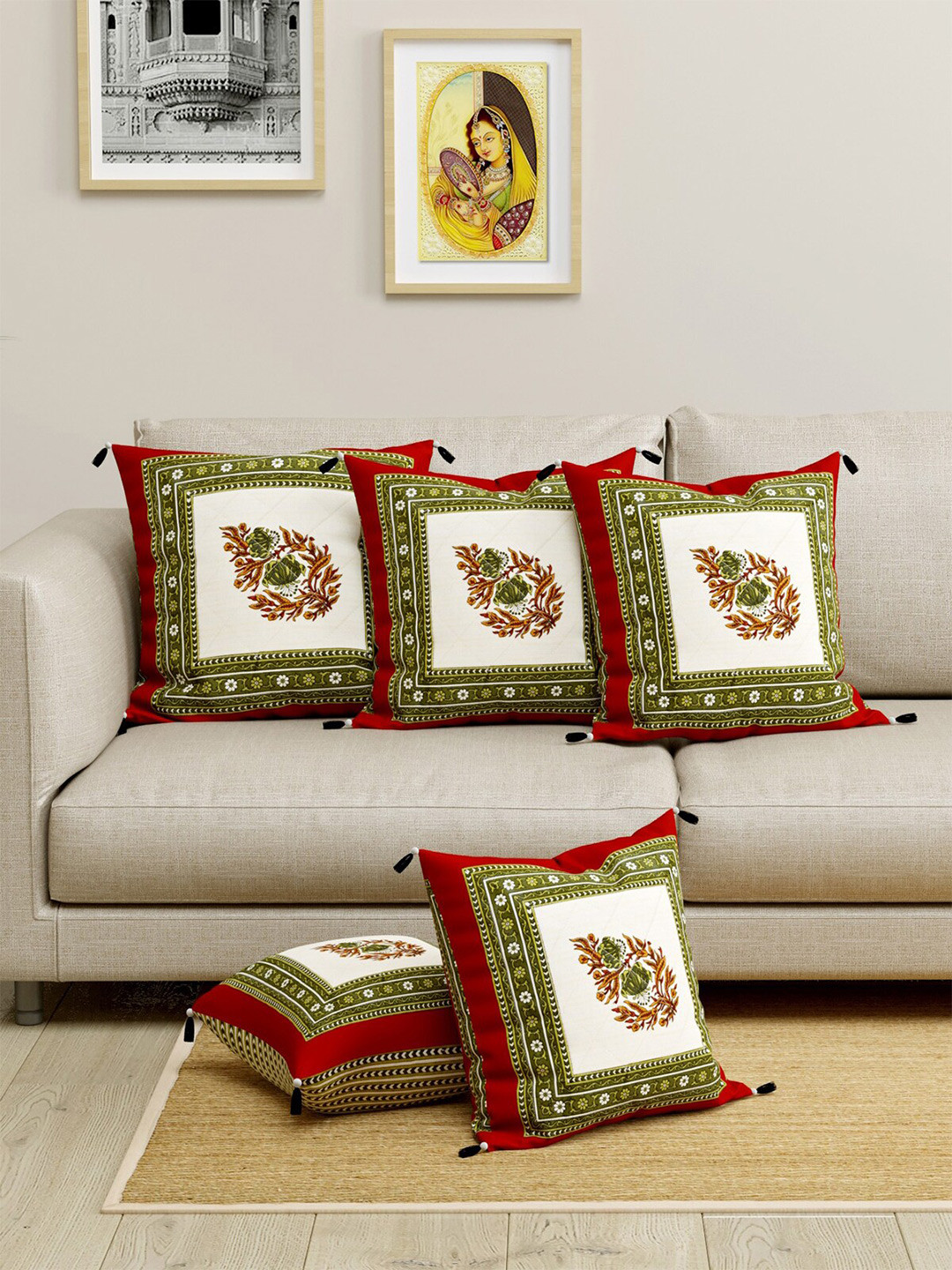 

LIVING ROOTS Green & Cream-Coloured Set of 5 Ethnic Motifs Square Cushion Covers