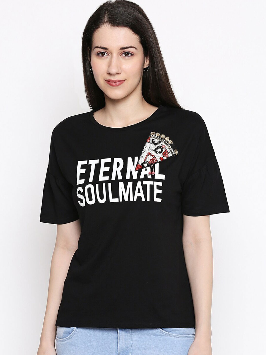 

People Women Black Typography Printed Applique T-shirt