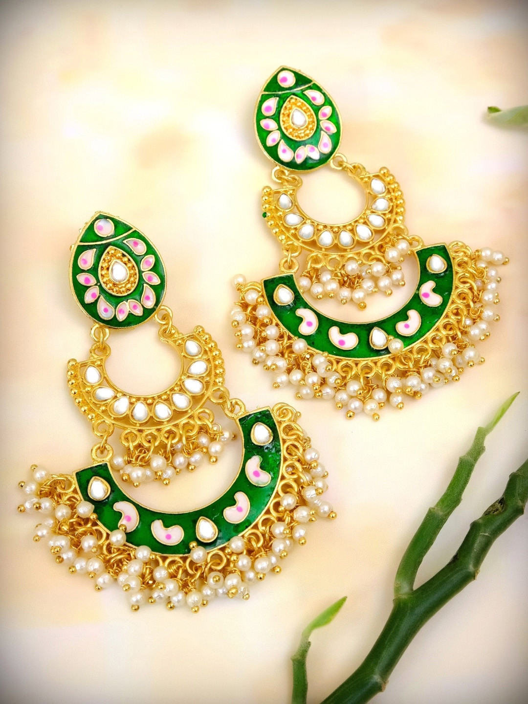 

Crunchy Fashion Green Contemporary Meenakari Chandbalis Earrings