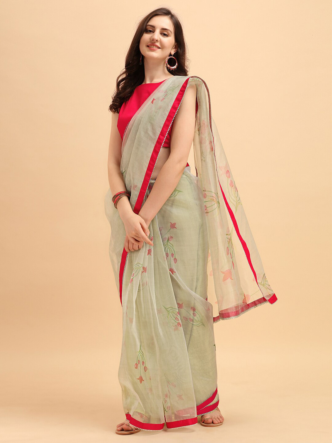

Sangria Green & Red Floral Patchwork Organza Saree