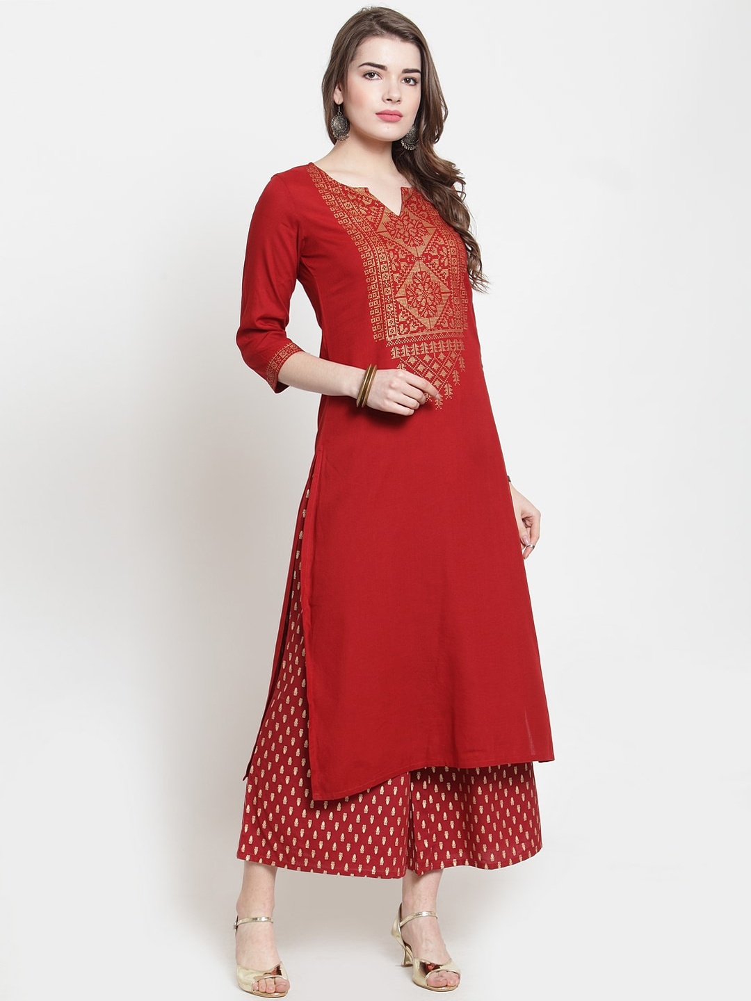 

Varanga Women Maroon Ethnic Motifs Yoke Design Kurta with Palazzos