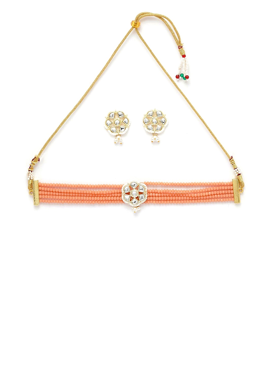 

Moedbuille Gold-Plated Peach & White Kundan Onyx Studded Pearl Beaded Jewellery Set