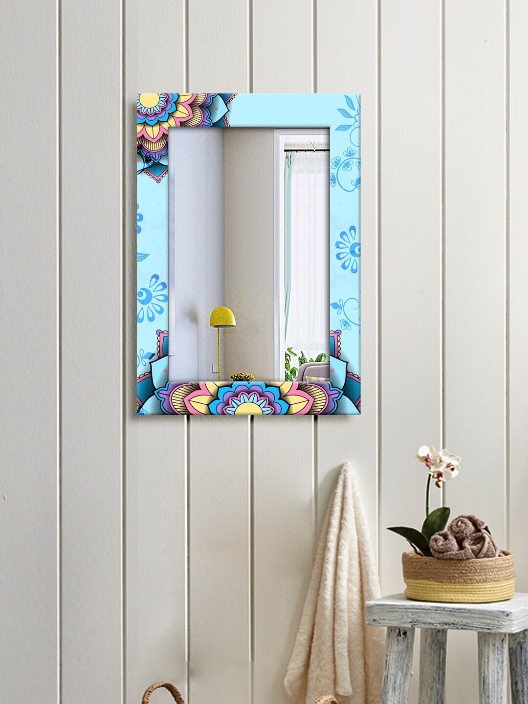 

999Store Blue & Pink Decorative Flower Wall Hanging Mirror