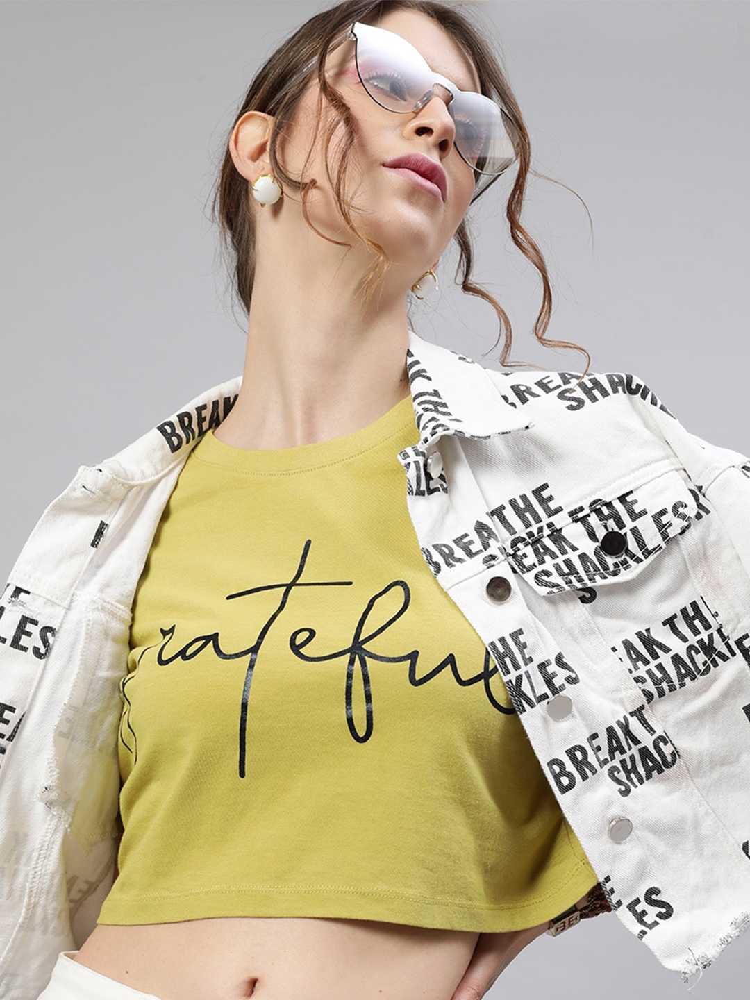 

STREET 9 Women Yellow Cotton Typography Printed Crop Pure Cotton T-shirt
