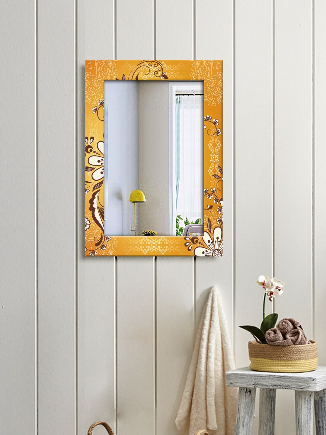 

999Store Yellow & Brown Floral Printed Wall Mirror