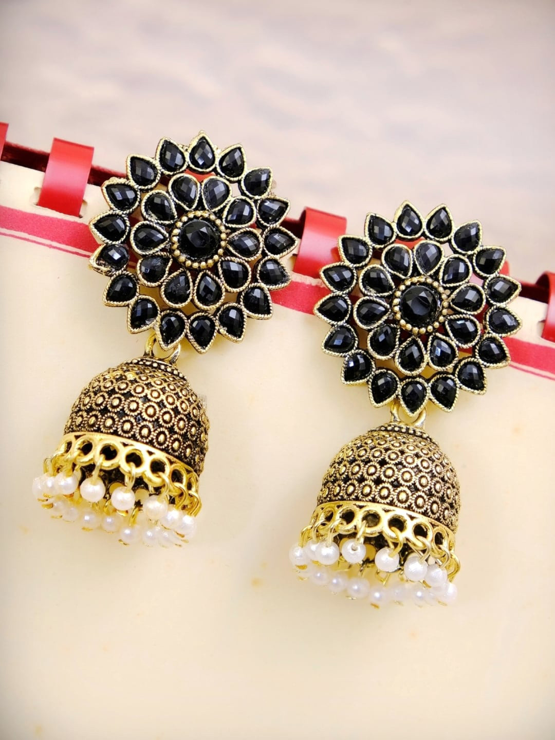 

Crunchy Fashion Gold-Plated Black Contemporary Jhumkas Earrings