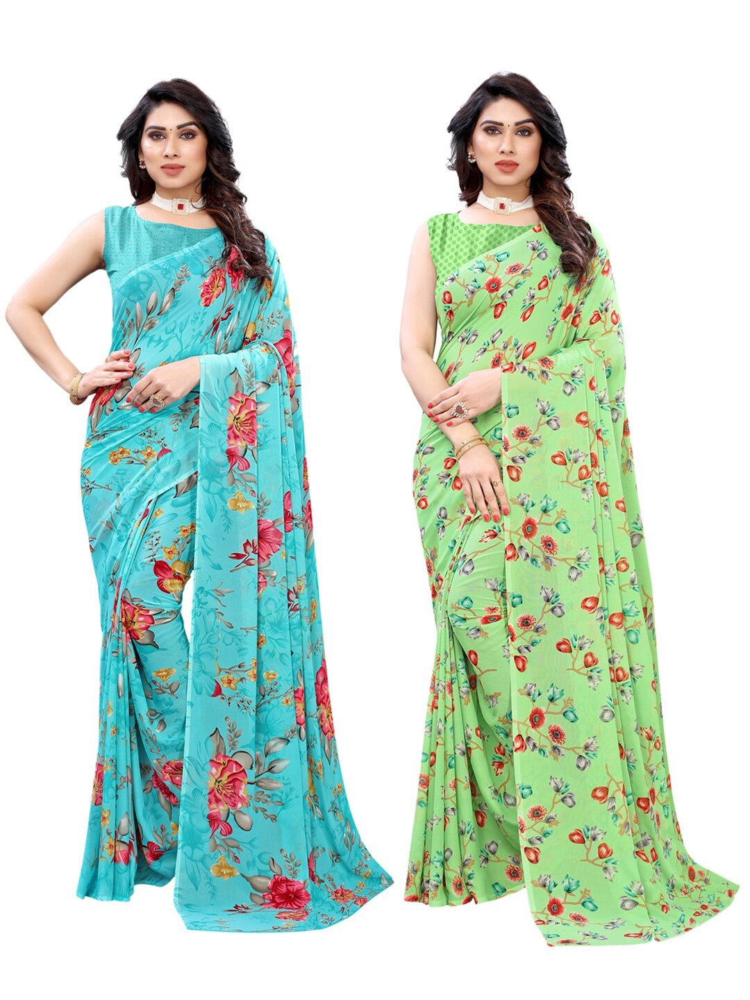 

KALINI Blue & Green Floral Pack of 2 Pure Georgette Saree