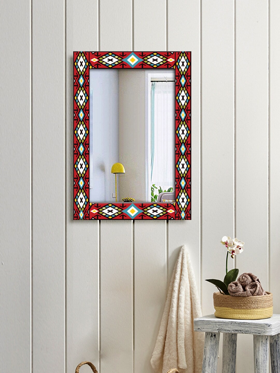 

999Store Red & White Geometric Printed Wall Mirror