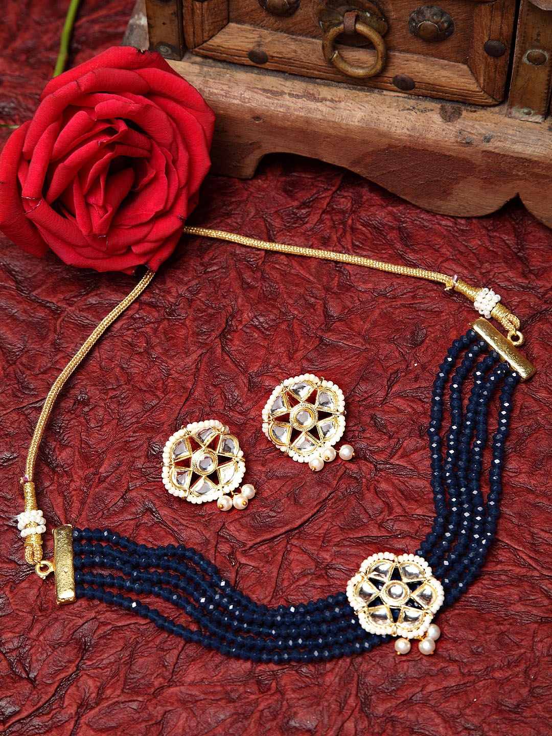 

Moedbuille Gold-Plated Blue & White Kundan & Onyx Studded & Pearl Beaded Jewellery Set