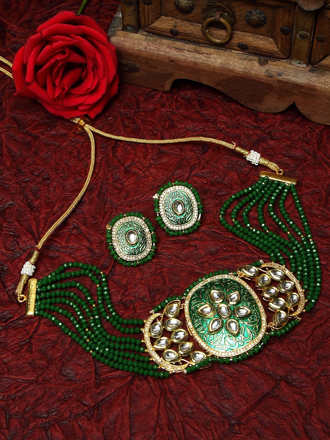 

Moedbuille Gold-Plated Green & White Kundan & Onyx Stone-Studded & Pearl Beaded Meenakari Jewellery Set