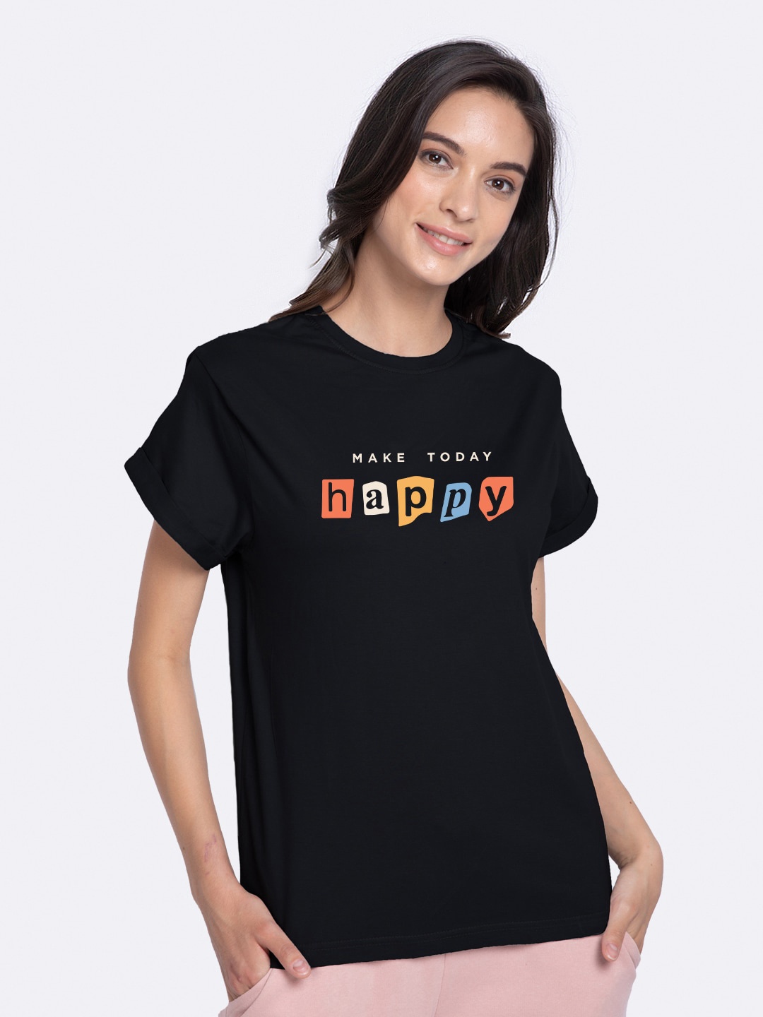 

Bewakoof Women Black Typography Printed Boyfriend T-Shirt