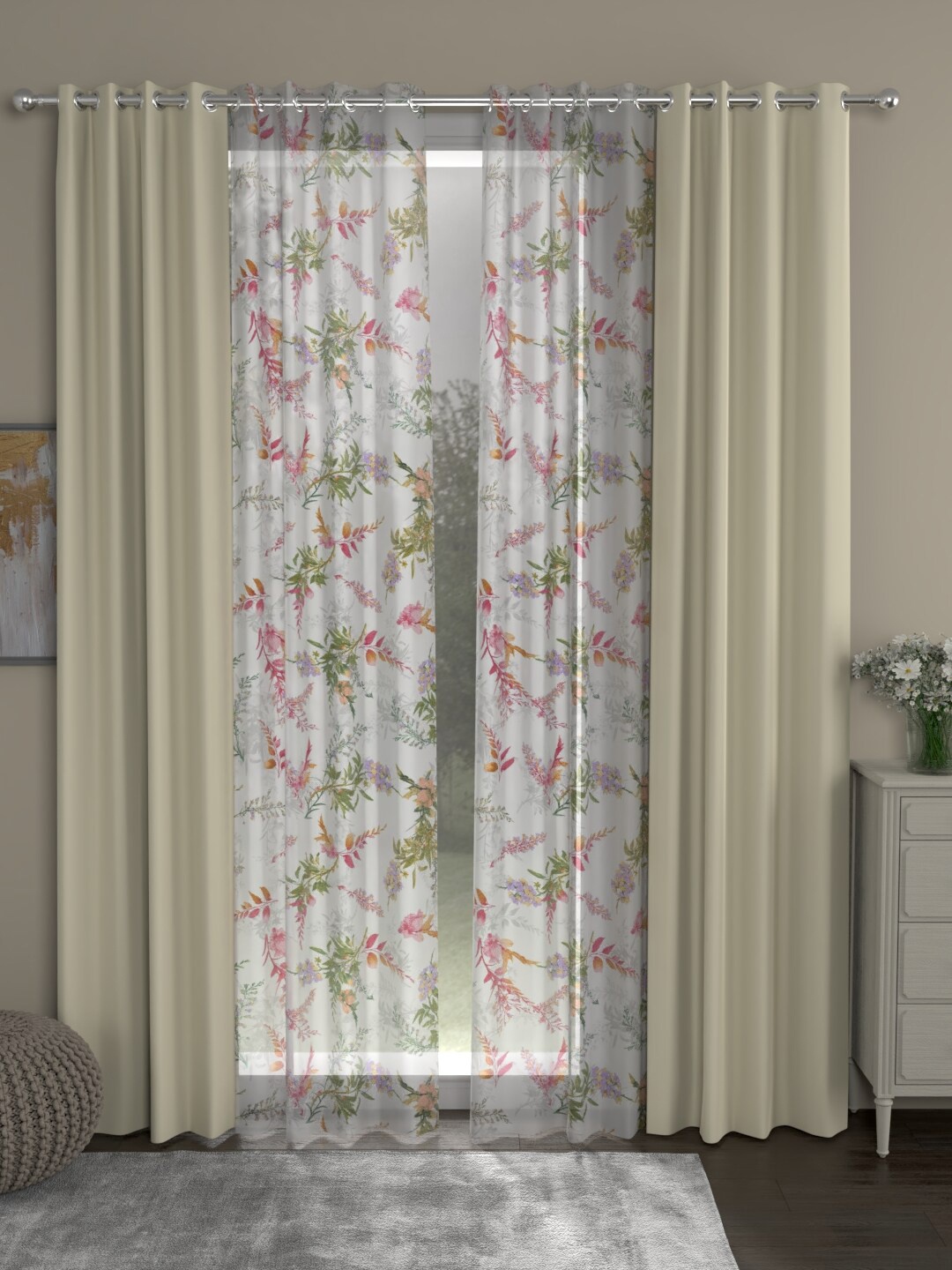 

ROSARA HOME Cream & Pink Set of 4 Black Out Door Curtain