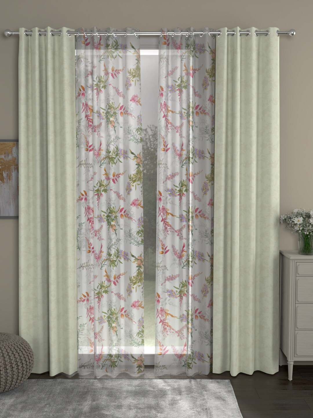 

ROSARA HOME Off White & White Set of 4 Jacquard Floral Door Curtain