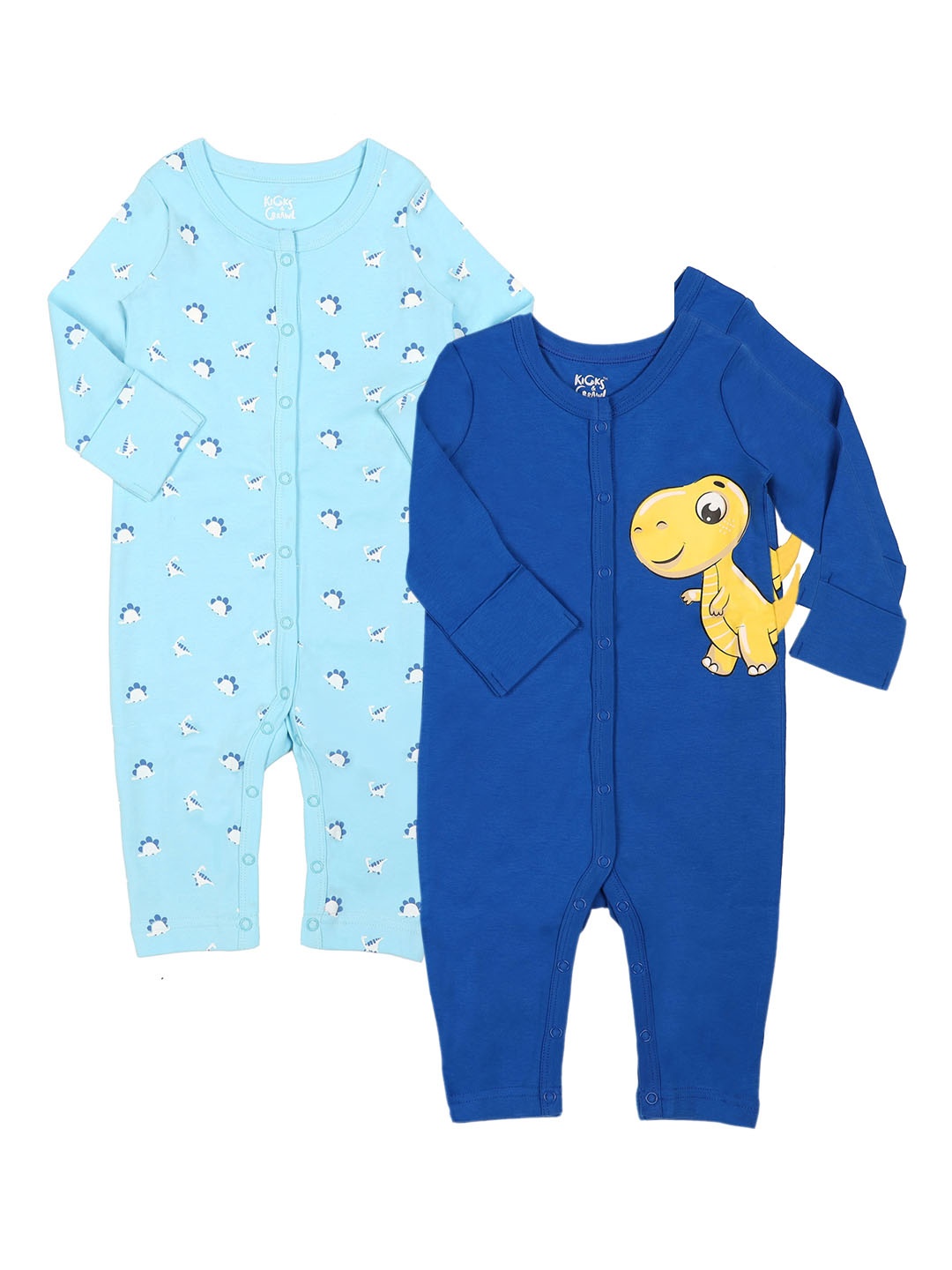 

KICKS & CRAWL Infant Boys Pack Of 2 Printed Cotton Rompers, Blue