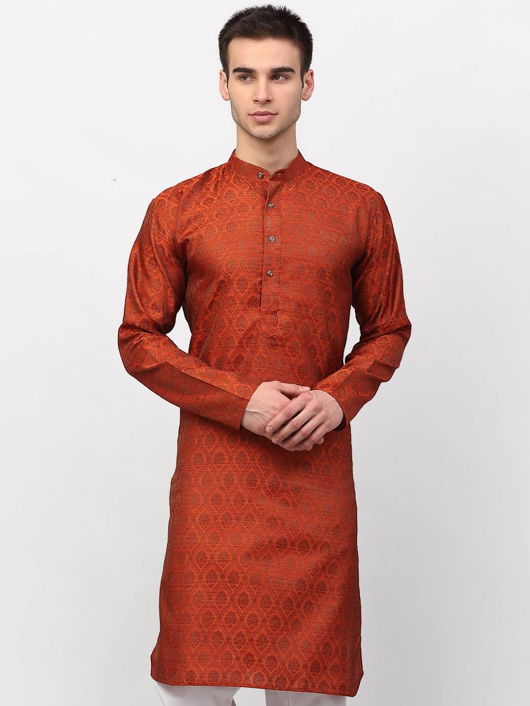 Jompers Men Rust Woven Design Jacquard Kurta