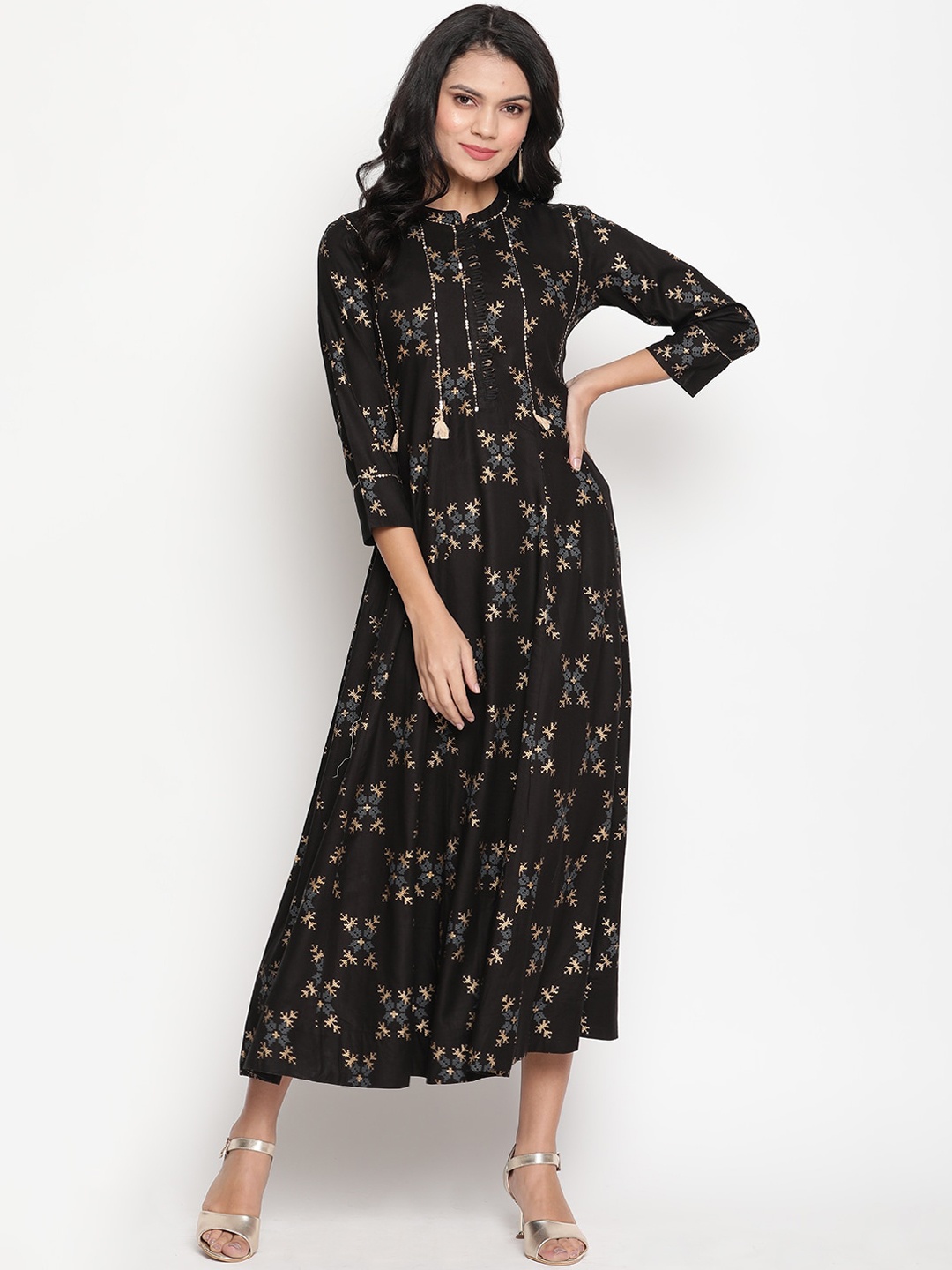 

Be Indi Rayon Printed Mandarin Collar Sequence Work Detailing A-Line Midi Dress, Black