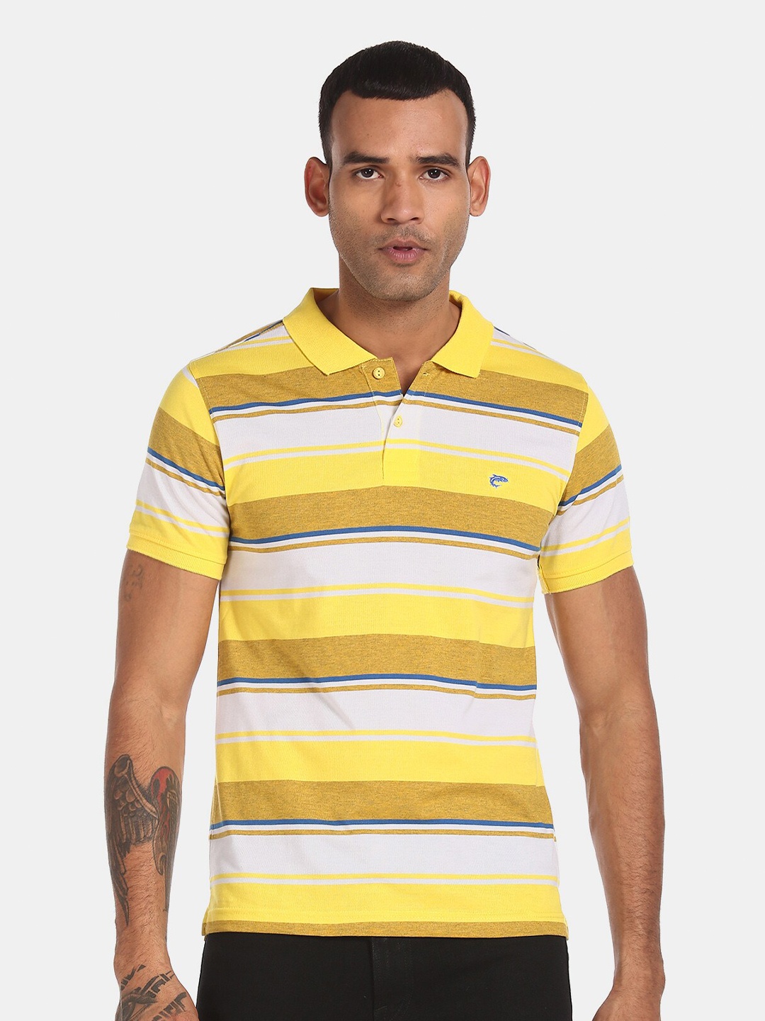 

Ruggers Men Yellow & White Striped Polo Collar T-shirt