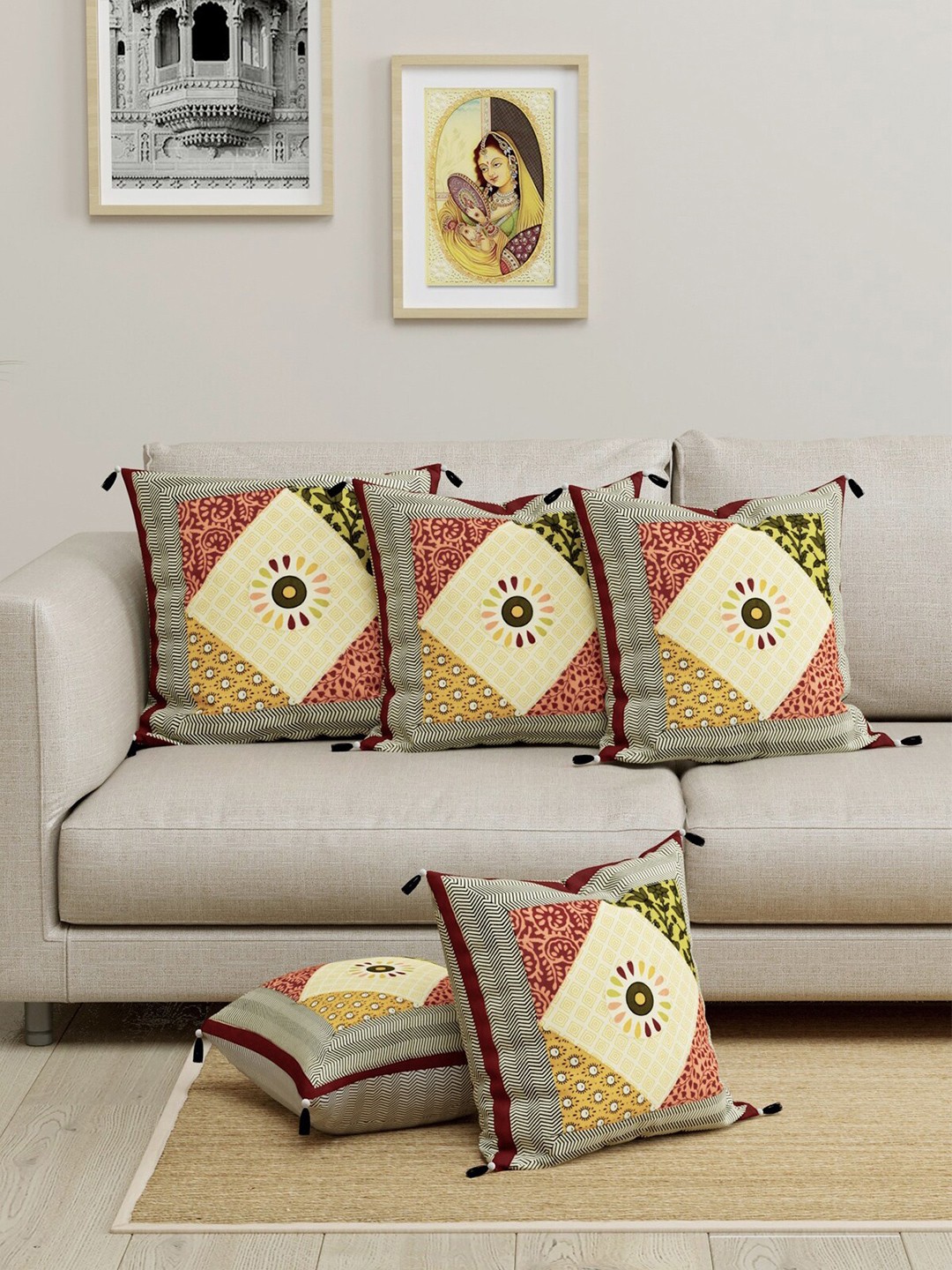 

LIVING ROOTS Maroon & Brown Set of 5 Ethnic Motifs Square Cushion Covers