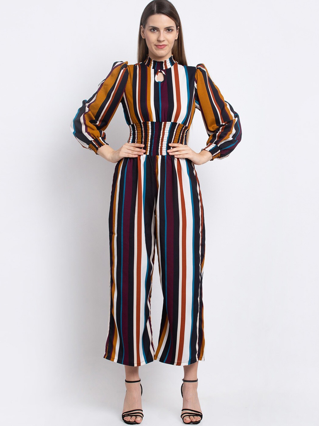 

emeros Multi Striped Smocking-Detail Keyhole Neck Jumpsuit