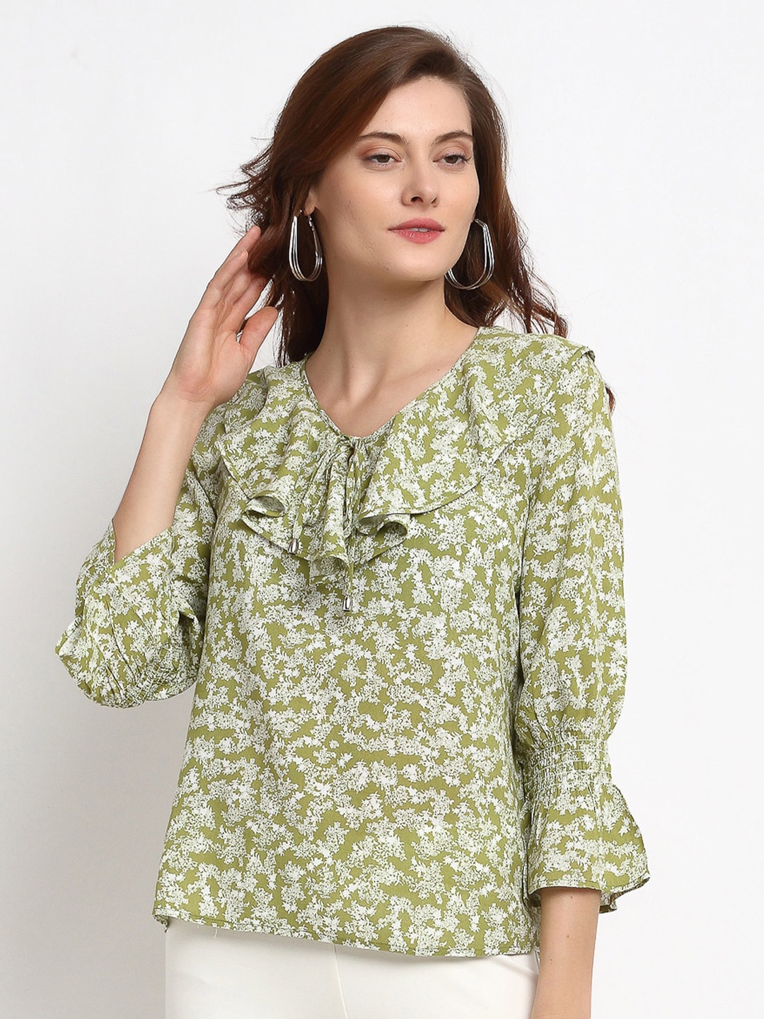 

Gipsy Green Floral Tie-Up Neck Crepe Regular Top